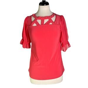 Adele And May Rayon Blouse with Crisscross Accents, Beautiful Mesh Sleeves, SM